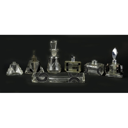 2482 - Art Deco glass dressing table items including silver mounted atomiser and tray, each decorated with ... 