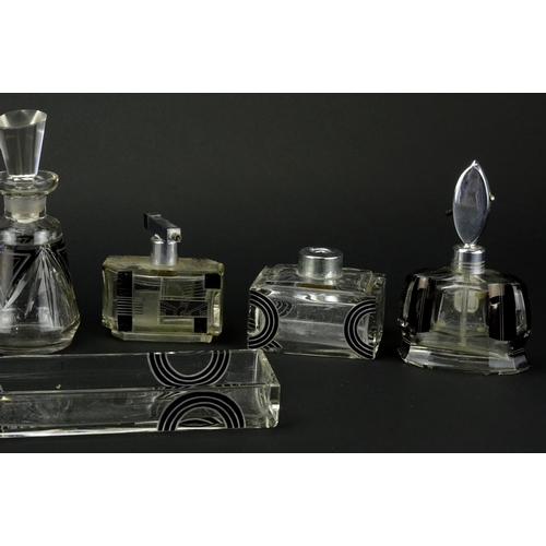 2482 - Art Deco glass dressing table items including silver mounted atomiser and tray, each decorated with ... 