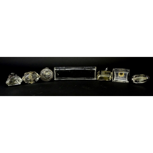 2482 - Art Deco glass dressing table items including silver mounted atomiser and tray, each decorated with ... 