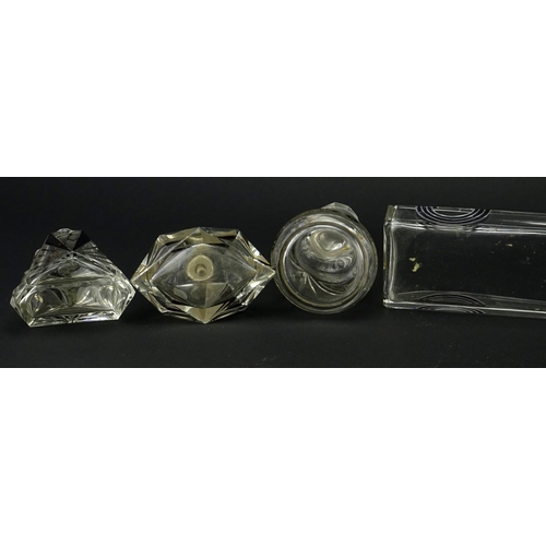 2482 - Art Deco glass dressing table items including silver mounted atomiser and tray, each decorated with ... 