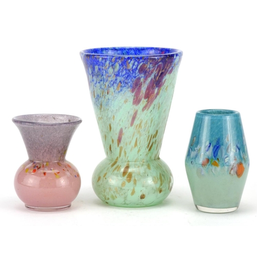 2452 - Art glassware including two Ysart vases and a Monart style example, the largest 17cm high