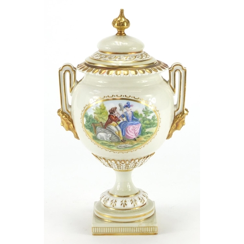 2456 - Royal Worcester pedestal vase and cover with twin handles and box, decorated with a courting couple,... 