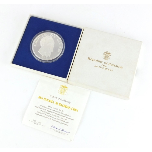 2799 - 1974 Panama silver proof twenty Balboas with certificate and box