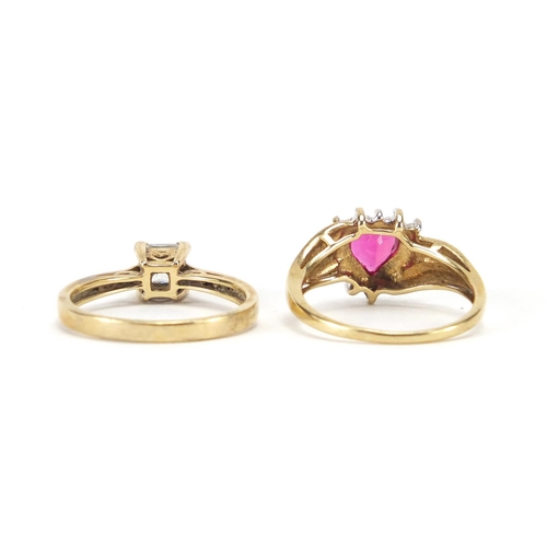 2901 - 9ct gold ruby and diamond love heart ring and a 9ct gold cubic zirconia solitaire ring, sizes O and ... 