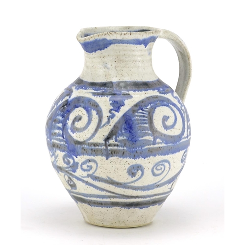 2385 - Large Studio pottery jug by Scott Marshall, hand painted with stylised swirls, impressed mark to the... 
