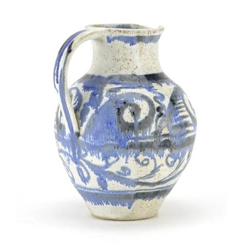 2385 - Large Studio pottery jug by Scott Marshall, hand painted with stylised swirls, impressed mark to the... 