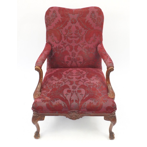 2038 - Mahogany framed open armchair with scroll arms, ball and claw feet and red floral upholstery, 93cm h... 