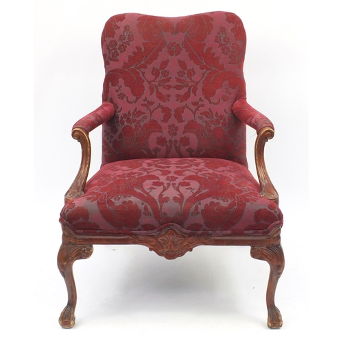 2039 - Mahogany framed open armchair with scroll arms, ball and claw feet and red floral upholstery, 93cm h... 