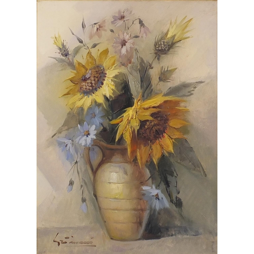 2162 - Still life, sunflowers in a vase, impasto oil on canvas, bearing an indistinct signature, Stacey Mar... 
