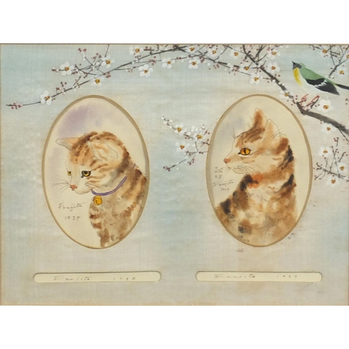 2105 - Attributed to Leonard Tsuguharu Foujita - Study of cats, two oval ink and watercolours, dated 1929 a... 