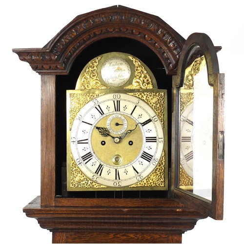 2018 - 19th century carved oak case long case clock with eight day movement, the face with second and date ... 