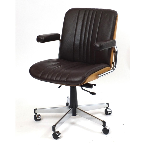 2034 - 1970's Giroflex office chair by Martin Stoll with bent plywood shell and brown leather seat and pads... 