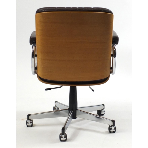 2034 - 1970's Giroflex office chair by Martin Stoll with bent plywood shell and brown leather seat and pads... 