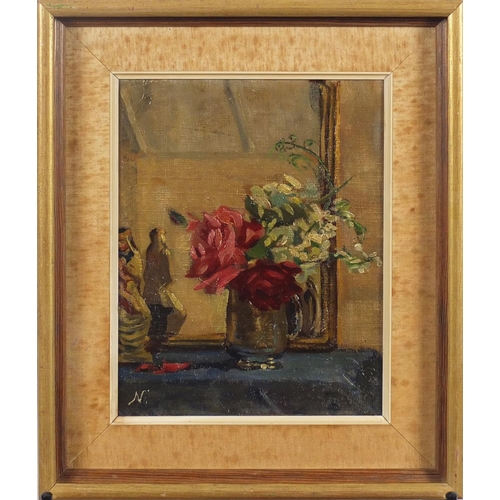 2498 - Manner of Sir William Nicholson - Still life flowers in a vase, oil on canvas board, inscribed verso... 