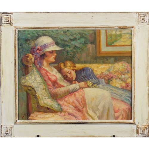 2625 - Mother and child in an interior, Italian impressionist oil on board, bearing a signature Pino, frame... 