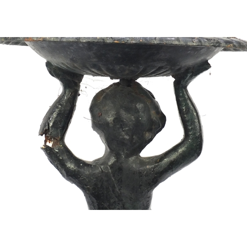 2008 - Victorian cast iron cherub water fountain with dolphin supports, 170cm high