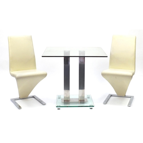 2077 - Contemporary square chrome and glass dining table and two cream leather chairs, the table 74cm H x 8... 
