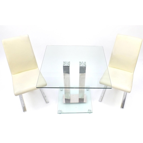 2077 - Contemporary square chrome and glass dining table and two cream leather chairs, the table 74cm H x 8... 