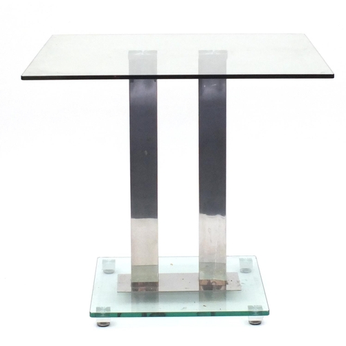 2077 - Contemporary square chrome and glass dining table and two cream leather chairs, the table 74cm H x 8... 