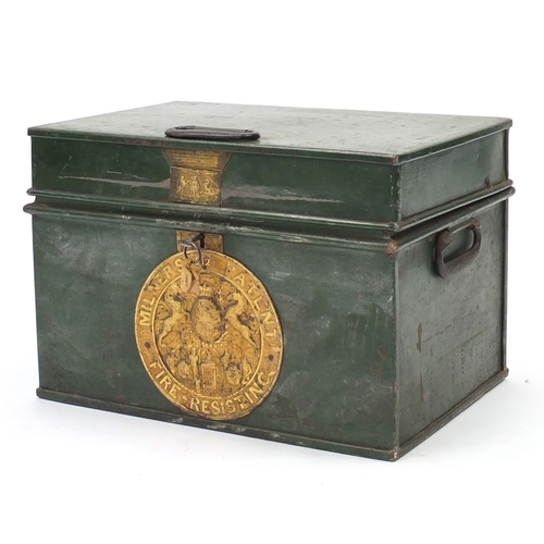 2124 - Milner's fire resistant cast iron safe with brass plaques, 35cm H x 50cm W x 35cm D