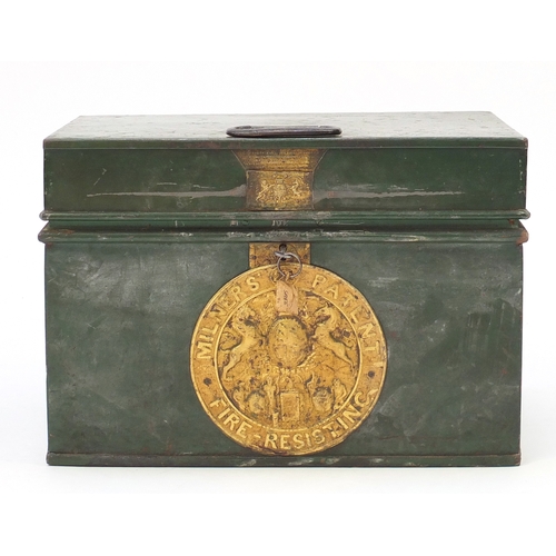 2124 - Milner's fire resistant cast iron safe with brass plaques, 35cm H x 50cm W x 35cm D