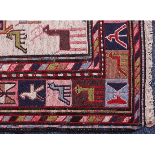 2033 - Turkish Kilim rug, decorated with birds, horses and camels, 200cm x 108cm