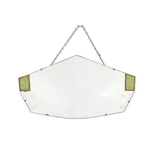 2122 - Art Deco wall hanging mirror with bevelled glass and faux jade panels, 69cm x 39cm