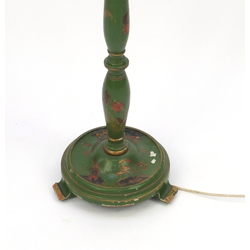 2088 - Chinese green lacquered chinoiserie standard lamp, 139cm high