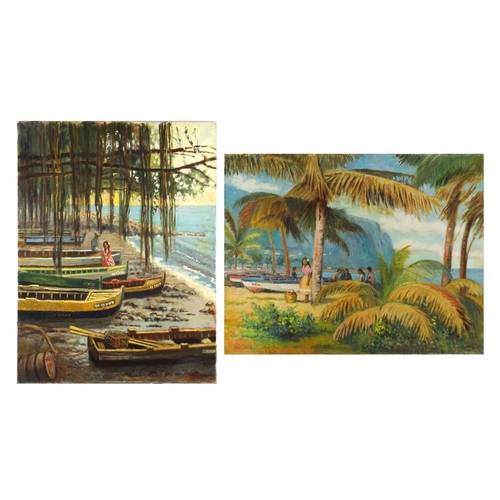 2222 - Beach scenes with figures and moored boats, pair of West Indies school oil on canvases, each bearing... 
