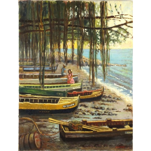 2222 - Beach scenes with figures and moored boats, pair of West Indies school oil on canvases, each bearing... 
