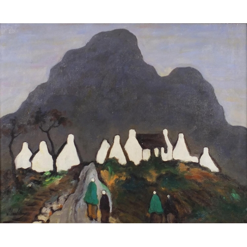 2448 - Figures and cottages before mountains, Irish school oil on board, bearing a signature Marky, framed,... 