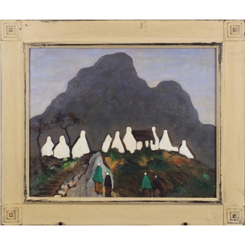 2448 - Figures and cottages before mountains, Irish school oil on board, bearing a signature Marky, framed,... 
