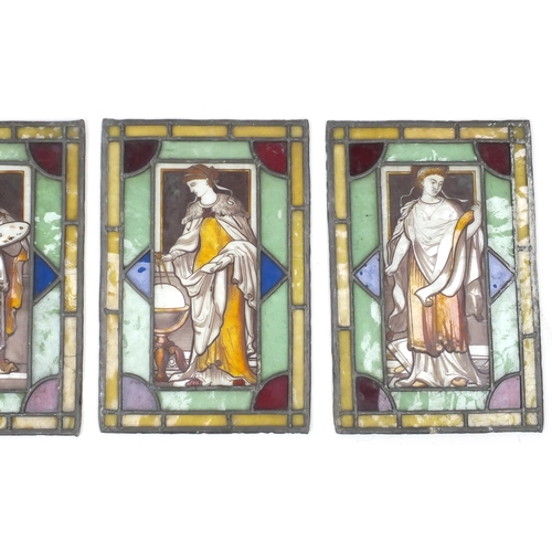 2172 - Set of four stain glass panels, each hand painted with a Pre Raphaelite maiden, each 33cm x 22cm