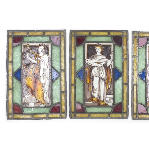 2172 - Set of four stain glass panels, each hand painted with a Pre Raphaelite maiden, each 33cm x 22cm