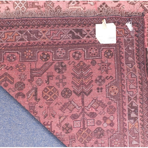 2149 - Rectangular Persian Shiraz salmon ground rug, decpicting with camels and birds, 195cm x 164cm