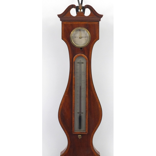 2195 - 19th century inlaid mahogany banjo barometer with silvered dials, 103cm in length