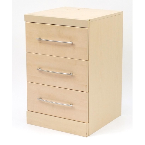 94 - Lightwood three drawer bedside chest, 70cm H x 44cm W x 46cm D