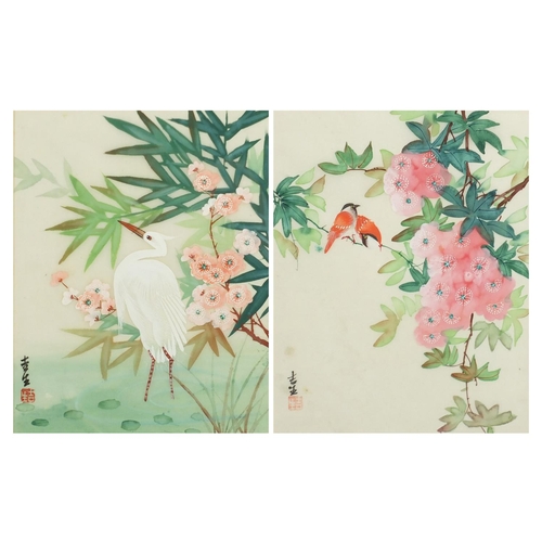 211A - Two Chinese watercolours on silk, birds and a crane, each mounted and framed, 25cm x 20cm