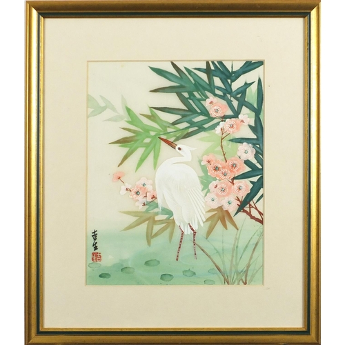 211A - Two Chinese watercolours on silk, birds and a crane, each mounted and framed, 25cm x 20cm