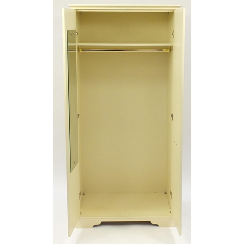 19 - Cream painted wood two door wardrobe, 195cm H x 95cm W x 65cm D