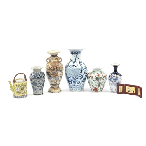 270 - Mostly Oriental ceramics including a vase hand painted with squirrels and blue and white vases