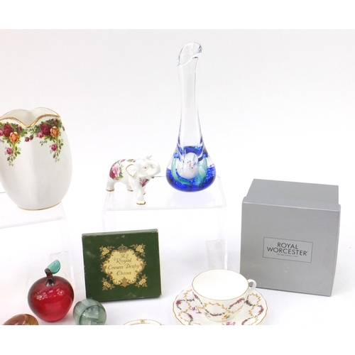 281 - China and glassware including Royal Albert Old Country Rose vases, Kays Lynn crystal vase, polished ... 
