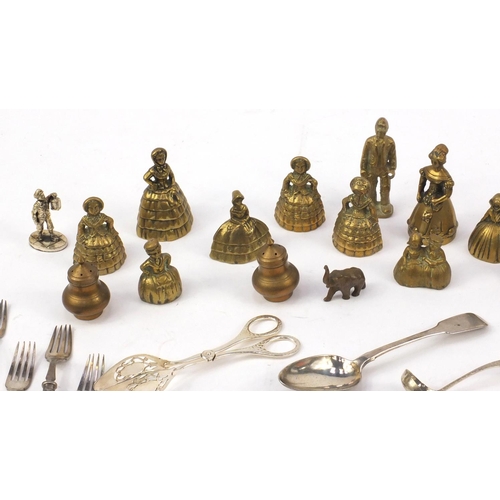 269 - Metalwares including a Georgian silver tablespoon, brass Crinoline Lady bells and silver plated cutl... 