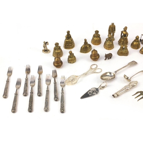269 - Metalwares including a Georgian silver tablespoon, brass Crinoline Lady bells and silver plated cutl... 