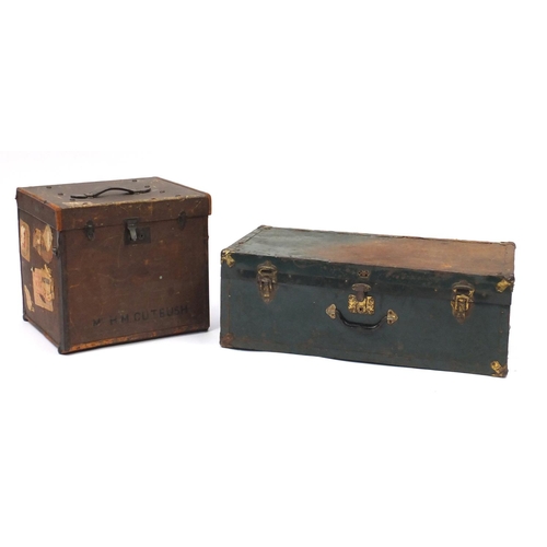 162A - Vintage leather bound trunk and tin trunk, the largest 79cm wide