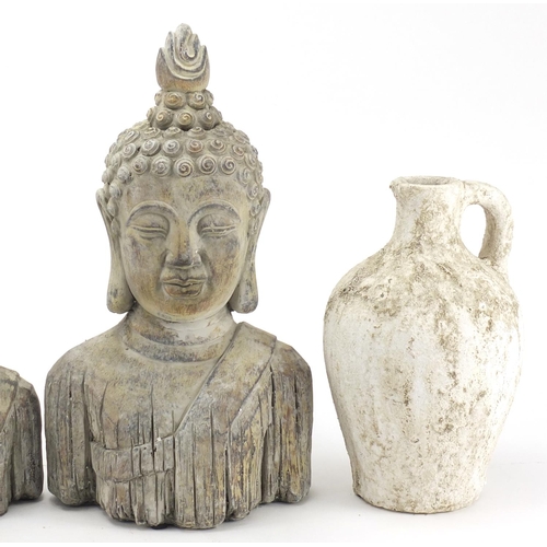 606 - Two pottery Thai Buddha busts and two stoneware vessels, the largest 37cm high