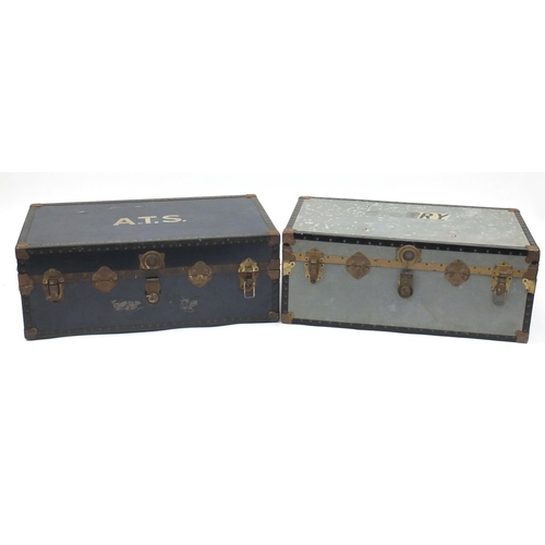 45A - Two vintage metal bound travelling trunks, each approximately 91cm in length