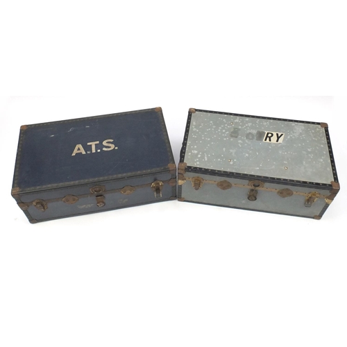 45A - Two vintage metal bound travelling trunks, each approximately 91cm in length