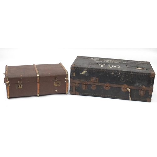 158 - Large metal bound travelling trunk and wooden bound suitcase, the largest 102cm wide