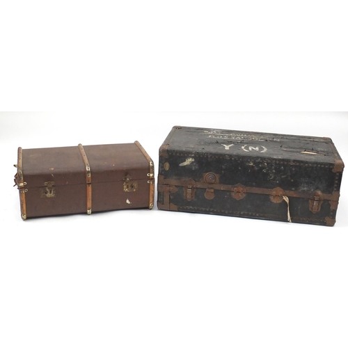158 - Large metal bound travelling trunk and wooden bound suitcase, the largest 102cm wide